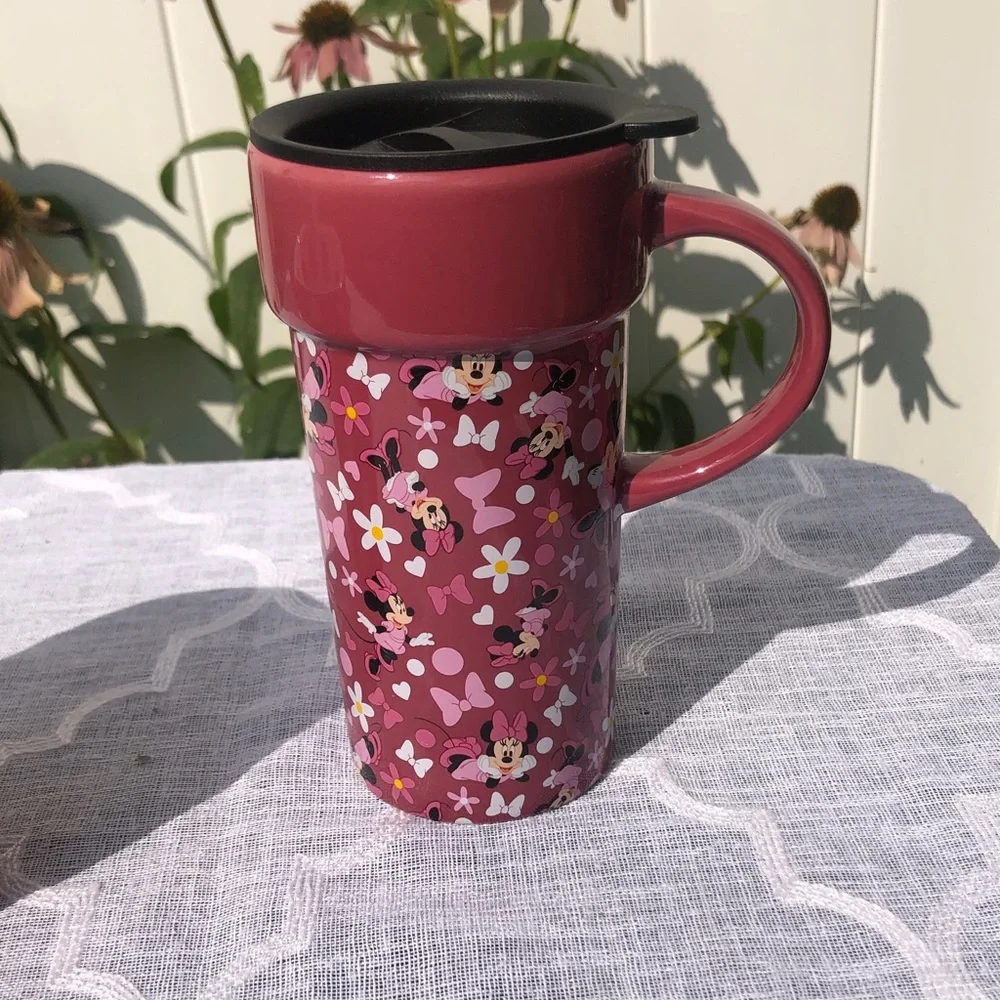 DISNEY MINNIE MOUSE soup hot chocolate mug w/ spoon & travel mug with lid